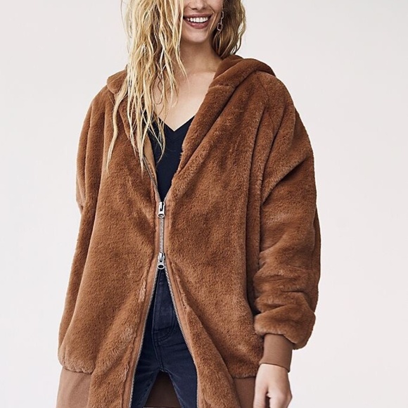 Free People Turn It Up Zip Off Faux Fur Teddy Hoodie Oversized Small - Picture 1 of 8